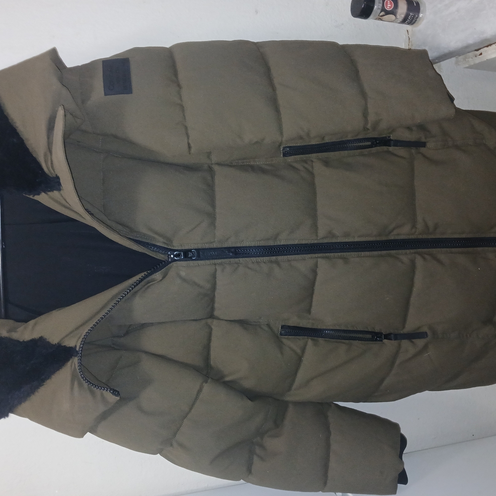 Olive Green Puffer Jacket with Black Accents